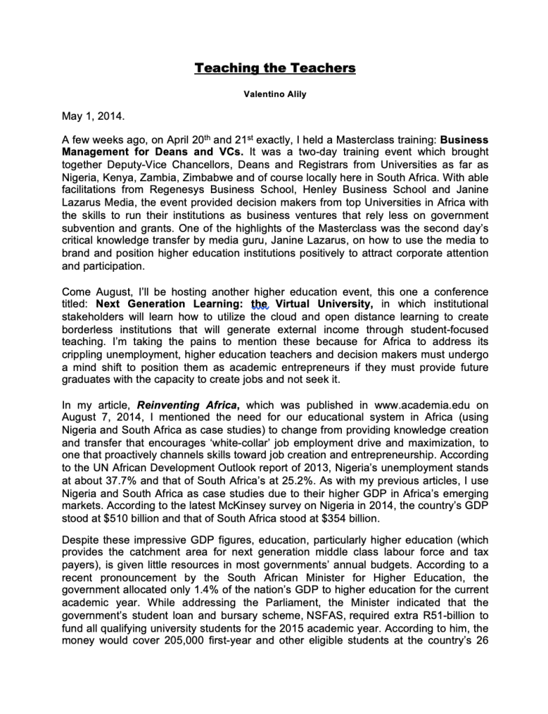 TEACHING THE TEACHERS By Valentino Alily, PhD