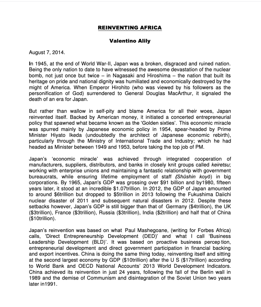 REINVENTING AFRICA By Valentino Alily, PhD